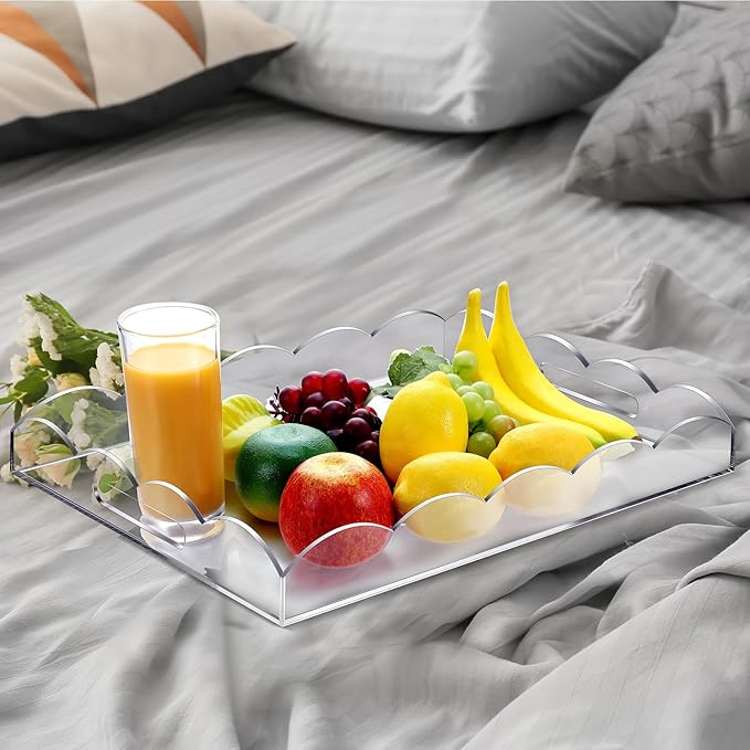 Tiangrid 2 Pack 16 x 12 Acrylic Clear Serving Trays with Handles, Scalloped Acrylic Decorative Tray Organiser for Display Food Ottoman Coffee Tables Kitchen Countertop Bathroom Makeup