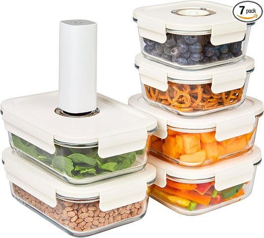 HOLDN’ STORAGE Vacuum Food Storage Containers, Set of 6 Glass Containers Mix & Electronic Pump - Keep Food Fresh Longer, BPA-Free Glass, Leak-Proof, Ideal for Meal Prep, Marinating