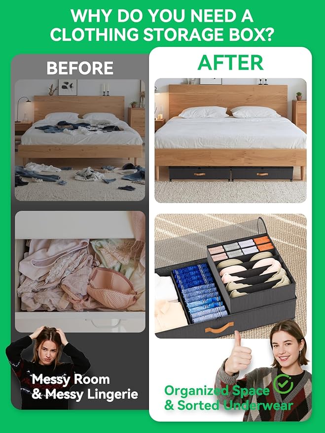 2-Pack Under Bed Storage with Wheels + Underwear Storage Box, Scalable Under Bed Shoe Storage Containers, Clothes Organizer & Bedroom Furniture Organizers - Delicate Style