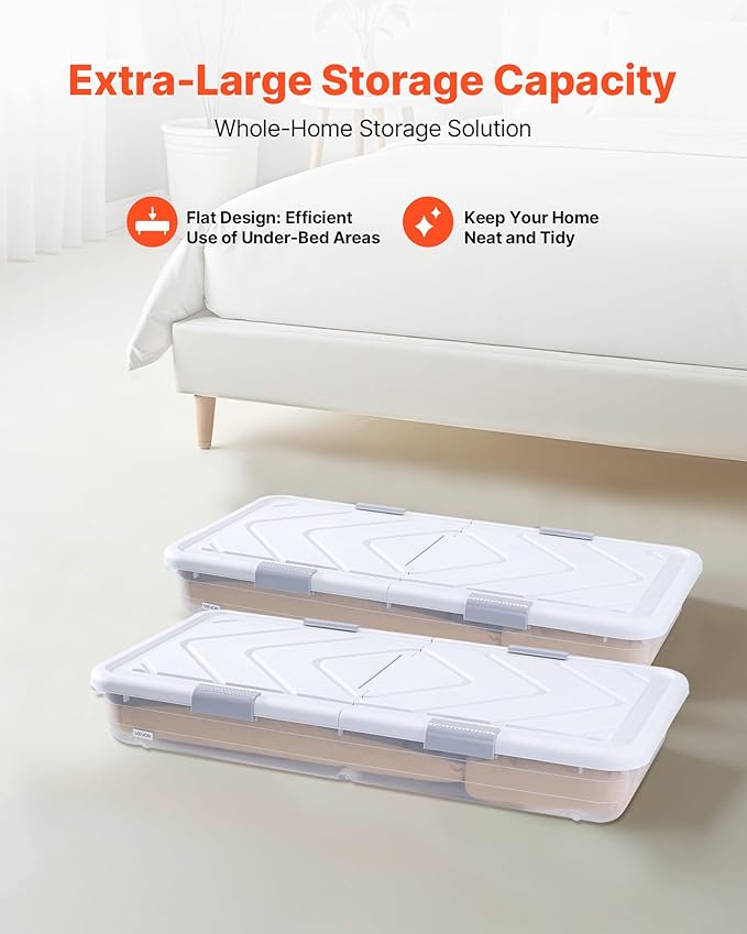 VEVOR Under Bed Storage with Wheels, 39.8 x 20.1 x 5.9 inch Underbed Containers, Underbed Shoes Organizer with Lid & Gray Latch, Rolling Under the Bed Storage Bins for Clothes Shoes Blankets, 2 Pack