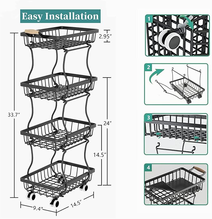 4 Tier Slim Fruit Basket for Kitchen, Stackable Metal Wire Fruit Vegetable Storage Baskets Organizer Stand on Wheels, Produce Basket Potato Onion Storage Bins Rack for Pantry. (Black)