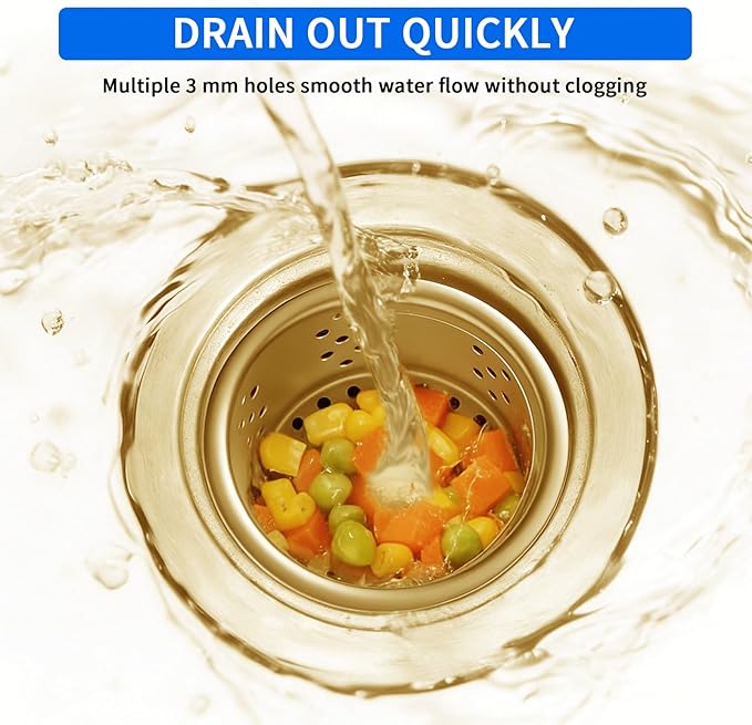 POPFLY SUS 304 Stainless Steel Deep Sink Strainer Basket – Fits Standard 3-1/2" Kitchen Drains, 2.5" Replacement Option – Removable Drain Basket with Handle for Easy Food Debris Cleaning, Gold