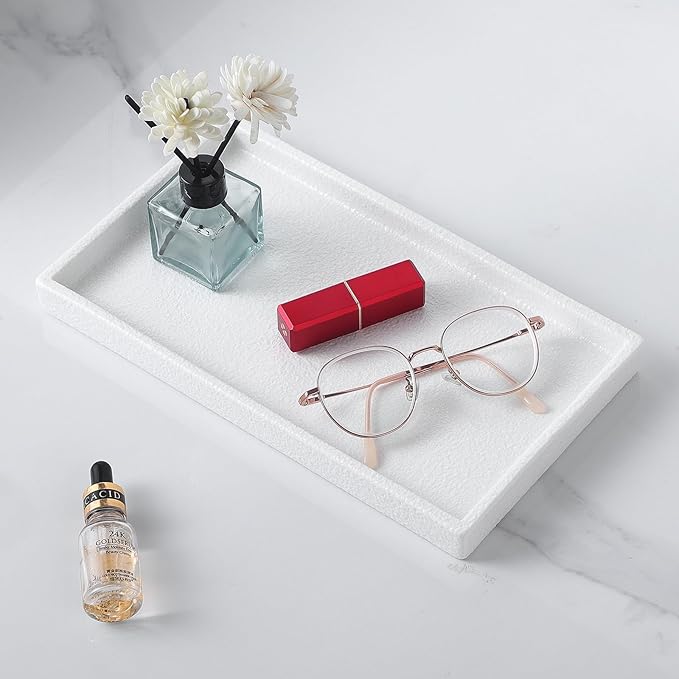 Eyrozia Bathroom Vanity Tray - 11'' Ceramic Rough-Textured Rectangle Countertop Tray, Heavy-Duty Perfume Organizer Plate, Jewelry Ring Tray, Kitchen Soap Dispenser Stone Trays, White