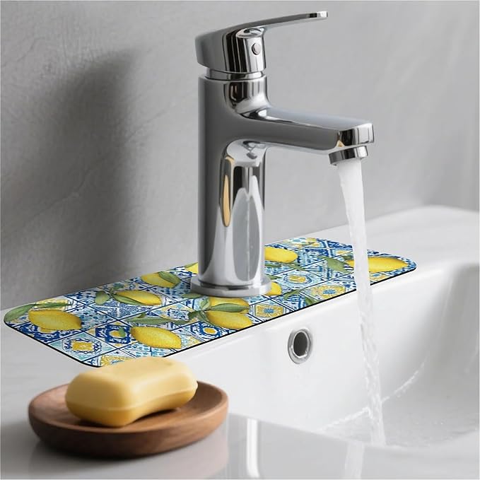Kitchen Sink Splash Guard，Blue tiles and lemons Faucet Mat Sink Gadgets-Super Absorbent Fast Drying Mat Drip Catcher for Kitchen, Bathroom,Sink Mat, Dish Drying Mat, Bathroom(15" X 5.5" )