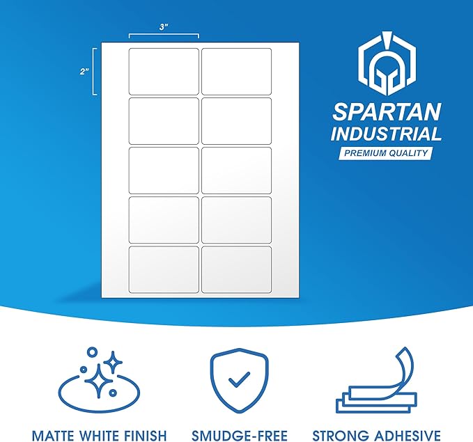 3" X 2" Matte White Printable Labels for Inkjet and Laser Printers - 30 Sheets, 300 Custom Stickers for Address Labels, Product Labeling, Shipping - Spartan Industrial Template R011