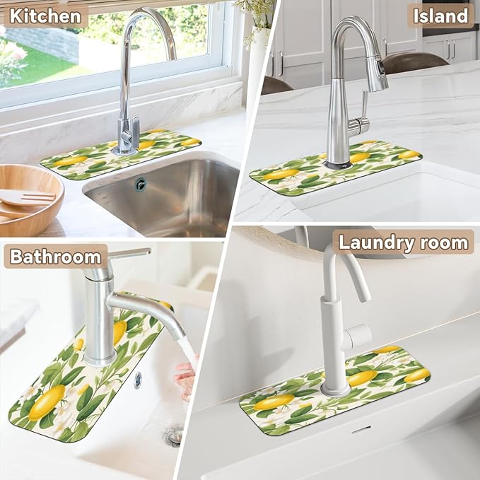 Lemon Blossom Pattern Kitchen Faucet Mat Splash Guard, 15.4”x5.7” Absorbent Quick Drying Sink Mat for Countertop Protection, Draining Mat Sink Protectors For Kitchen Bathroom, 1 Pack