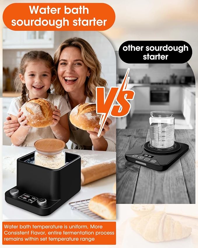 Sourdough Starter Warmer - Precise 1°F MYMULIKE Water Bath Warming, Thermostat Control (70-104°F), Even Heating, 198H Timer, Fits Bottles Up to 50 Oz - Ideal for Yeast Cultivation & Home Baking