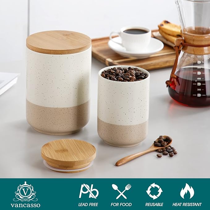 vancasso Sabine Small Ceramic Canister with Airtight Wood Lid - 18 oz Kitchen Storage for Coffee, Sugar, Tea & Spices - Compact Countertop Jar