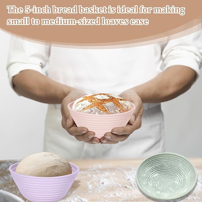 Ycgcp 4Pcs Mini Silicone Banneton Bread Proofing Baskets, 5" Sourdough Banneton Proofing Baskets, Non-Stick Round Dough Proofing Bowl Containers Oven Safe for Various Tastes Bread Making-BPA Free