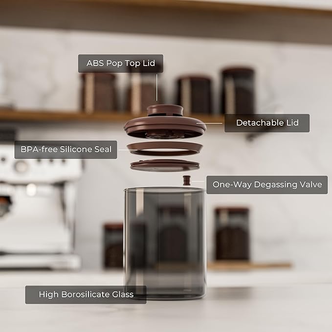 Coffee Canisters with Airtight Lids- Amber Glass Coffee Container with One-Way Valve to Lock in Freshness - Ideal for Coffee Bean, Dry Food Storage, Compact 6OZ Jar for Countertop, 2 Pack