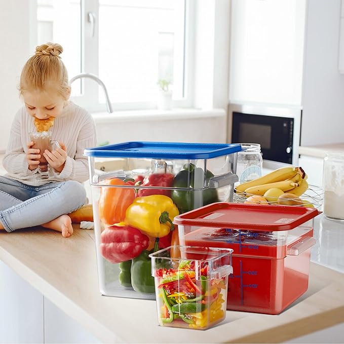 4 Pack Food Storage Containers, 8 Quart with Lids, Square Commercial Containers with Scale, Clear NSF Food Organizing, Polycarbonate