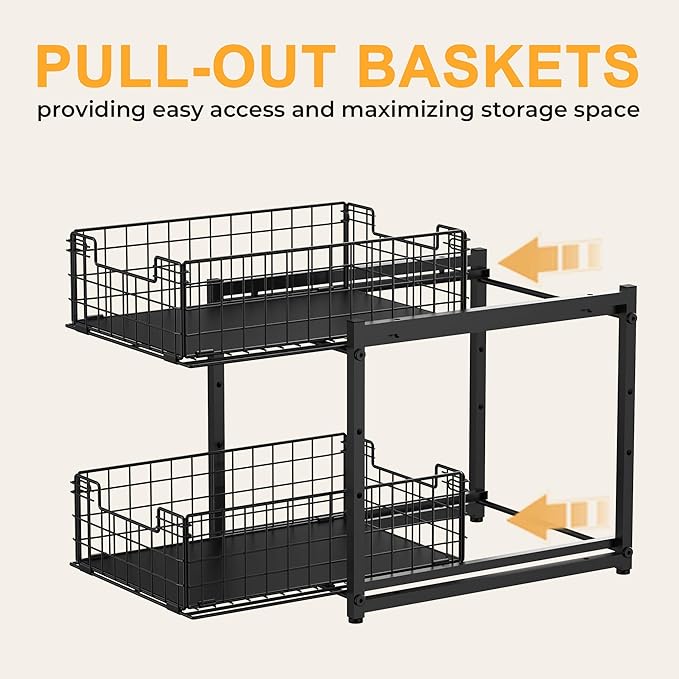 SILUB Under Sink Organizer, 2-Tier Pull Out Cabinet Organizer, Adjustable Height Bathroom Organizer and Storage, Spice Rack for Kitchen, Sliding Drawers Shelves 13.8×11×15.8 Inch (1 Pack)