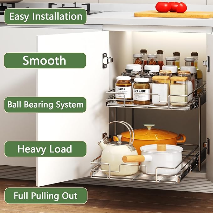 MODCART 2 Tier Individual Pull Out Cabinet Organizer 19½" W x 21½" D, Heavy Duty Cabinet Pull Out Shelves, Slide Out Drawers Organization for Kitchen Cabinets Bathroom