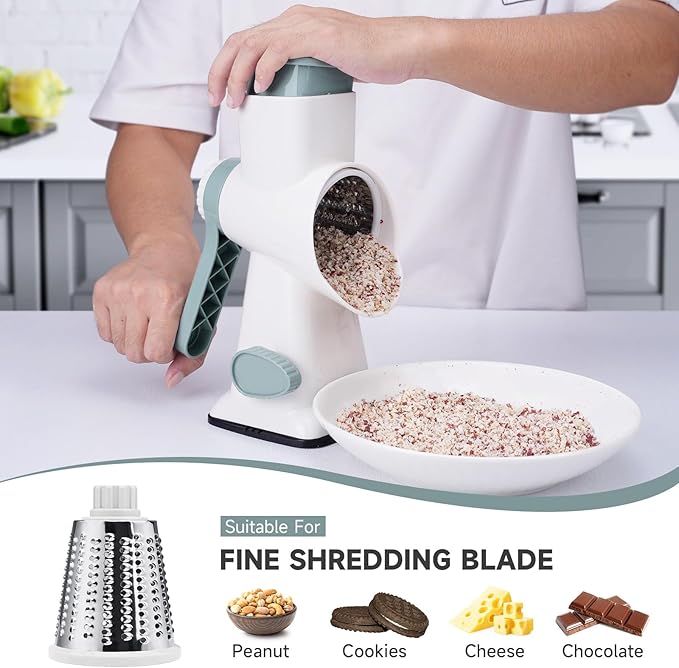 REDPANT Cheese Grater with Handle, Rotary Cheese Grater with 3 Interchangeable Blades, Manual Cheese Shredder with Strong Suction Base, Easy to Use and Clean, White