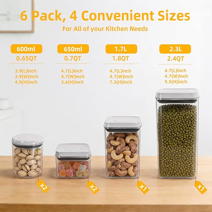 6 Pcs Airtight Food Storage Containers with Lids, Push Button Seal BPA-Free Set for Kitchen Pantry, 0.65QT/0.7QT/1.8QT/2.4QT for Bulk Dry Food, Cereal, Flour, Sugar, RV Kitchen Storage