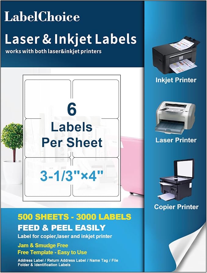 500 Sheets 3000 Pcs 3-1/3 x 4 6 Up Shipping Address Labels for Laser & Inkjet Printers, 3-1/3" x 4" 6 per Sheet Shipping Mailing Stickers, 6 Labels per Page