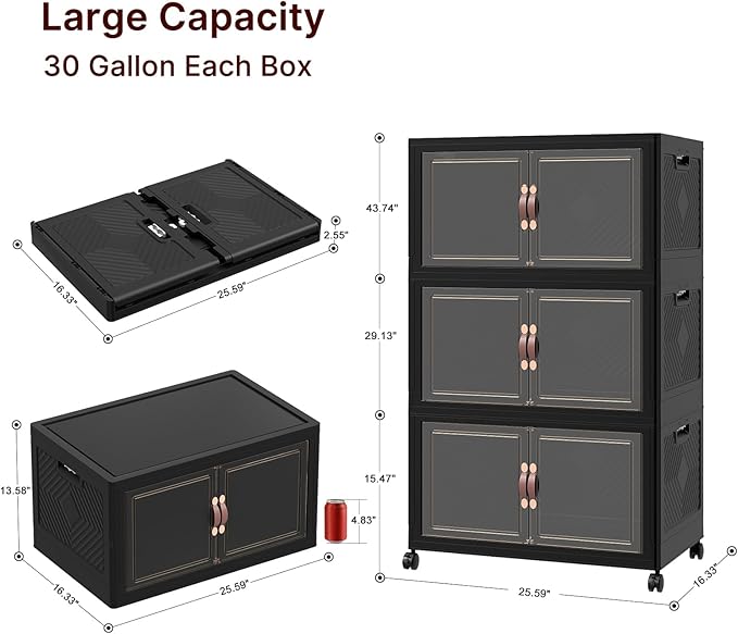 Extra Large Stackable Storage Bins with Lids & Wheels, 165QT-55QT/14GAL*3Pack Foldable Collapsible Closet Organizers Dark Storage Cabinet with Doors for Bedroom Dorm