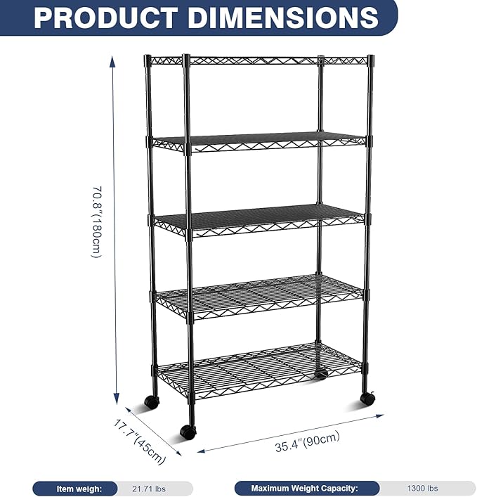5-Tier Heavy Duty Wire Shelving Unit,35" Wx18 Dx71 H,Wire Shelf Racks with Wheels,Height Adjustable Storage Metal Shelves for Kitchen,Garage,Office,Living Room,Pantry,Black