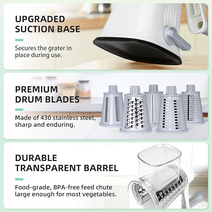 REDPANT 5 in 1 Rotary Cheese Grater, Manual Hand Crank Cheese Grater With Reinforced Suction & 5 Interchangeable Blades, Multifunctional Cheese Shredder, Easy to Use and Clean, White