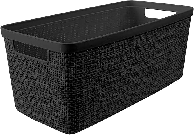 Curver Set of 8 Slim 6.8L Jute Decorative Plastic Organization and Storage Baskets - Perfect Bins for Home Office, Closet Shelves, Kitchen Pantry and All Bedroom Essentials, Black