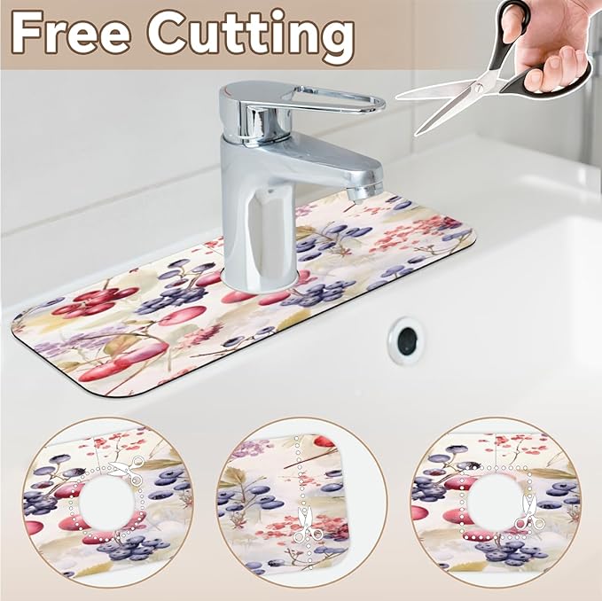 Watercolor Berry Cluster Kitchen Faucet Mat Splash Guard, 15.4”x5.7” Absorbent Quick Drying Sink Mat for Countertop Protection, Draining Mat Sink Protectors For Kitchen Bathroom, 2 Pack