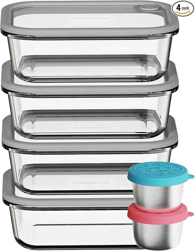 Glass Food Storage Containers with Silicone Glass Lids, Stainless Steel Salad Dressing Containers, Microwave-safe LeakProof Food Containers Set, 4-pack 35 oz（Grey）