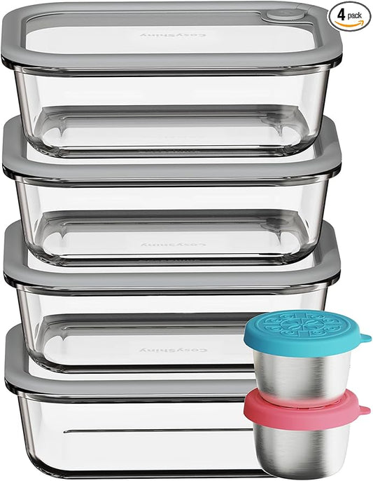 Glass Food Storage Containers with Silicone Glass Lids, Stainless Steel Salad Dressing Containers, Microwave-safe LeakProof Food Containers Set, 4-pack 35 oz（Grey）