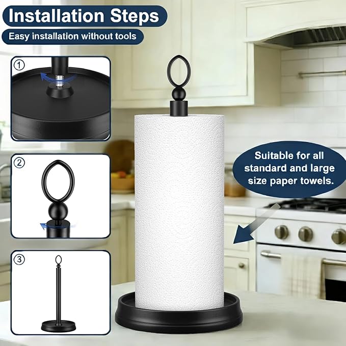KASUNTO Paper Towel Holder (with Heavy Weighted Base) Steel Paper Holder countertop，Black Paper Towel Holder for Kitchen Countertops, Bars & Dining Tables,Fits Standard & Jumbo Rolls, Matte Black