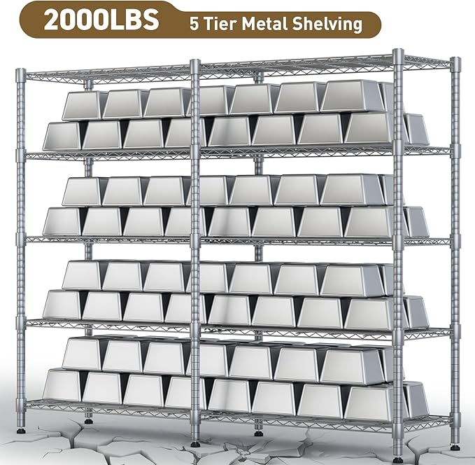 Himimi 5-Tier Wire Rack Shelving-2000LBS Capacity, Adjustable Metal Shelves for Storage, Heavy Duty Storage Shelves for Kitchen, Garage, Pantry, 72" W x 18" D x 72" H, Silver Grey