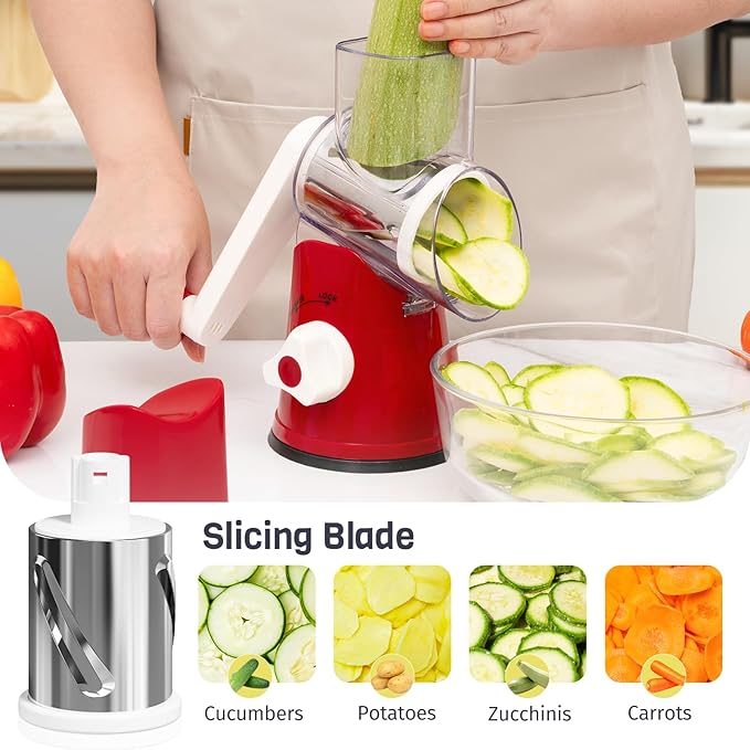 Nexsujo Rotary Cheese Grater Hand Crank, 3 Blades Slicer Shredder, Cheese Grater for Kitchen, Multi-Functional Kitchen Tool for Vegetables, Nuts, Chocolate, with Strong Suction Base, Red