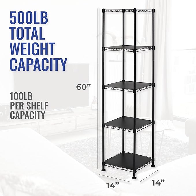 SafeRacks - NSF Certified Storage Shelves, Zinc, Heavy Duty Steel Wire Unit with Adjustable Feet, Garage or Bakers Rack, Kitchen, Pantry Shelf - (14"x14"x60" 5-Tier) (Black)