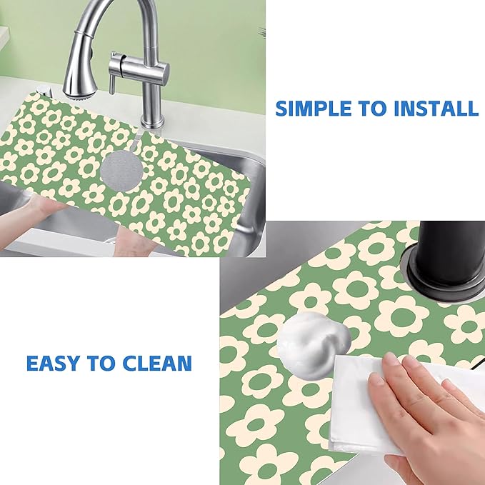 Vintage Groovy Flowers Sink Faucet Absorbing Mat Splash Guard Behind Sink Absorbent Fast Drying Draining Mat for Bathroom Kitchen 5.5"15