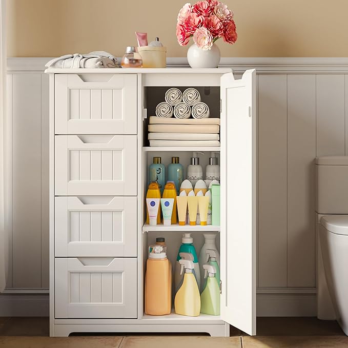 Gizoon Small Pantry Storage Cabinet with Door and Shelves, 33'' Kitchen Pantry Freestanding Wooden Bathroom Storage Cabinet with 4 Drawers for Kitchen and Dining Room, White