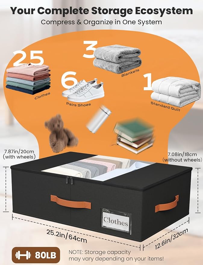 TOSKING Under Bed Storage with Wheels 2 Pack, 4 Vacuum Bags Included, 7.9" Rolling Underbed Bins, Durable Oxford Fabric, 80lbs Heavy Duty Drawer Organizer for Clothes, Shoes, Toys, Black