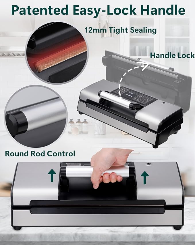 Vacuum Food Sealer Machine, 95Kpa Automatic Food Sealer, Low Noise Food Vacuum Saver with Sealer Bags, Roll, Build-in Cutter, Handheld and Compact Design