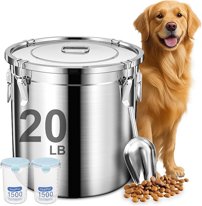 Newget Dog Food Storage Containers, Large Stainless Steel Pet Food Storage Containers 20 lb / 9 kg to Keep Fresh, Metal Airtight Cat Food Containers With Scoop and 2 Small Containers