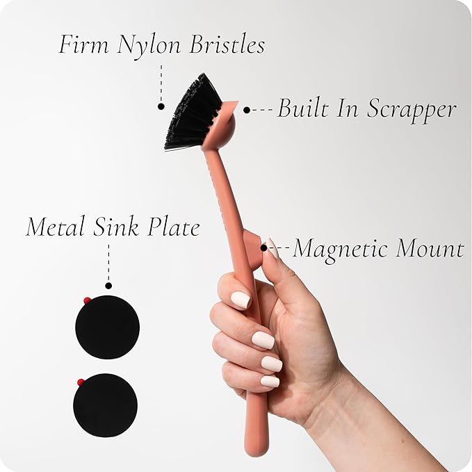 Earth & Mango Magnetic Dish Brush – Dish Scrubber with Built-in Scraper – Snaps to Sink, Dries Fast, Declutters Your Counter (Terracotta Clay)