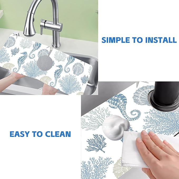 Marine Seashell Seahorse Coral Kitchen Sink Splash Guard Mat Absorbent Fast Drying Mat Faucet Draining Mat Sink Splash Guard Behind Faucet Drip Catcher for Kitchen Bathroom 5.5"×15"