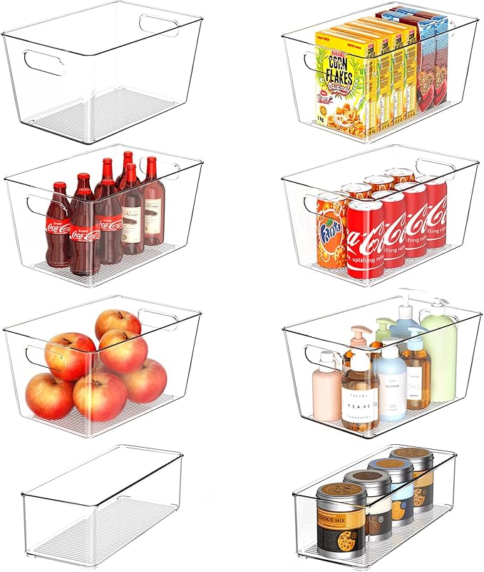 Set of 8 Clear Plastic Storage Bins, 6 Large +2 Small Pantry Organizers and Storage Containers for Kitchen Organization, Home Storage Essentials for Office, Closet, Garage, Freezer& Bathroom