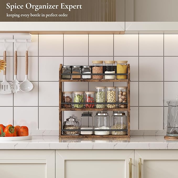 BCOZLUX Spice Rack Wall Mounted, Wood 3 Tier Spice Rack for Countertop, Vertical Spice Organizer for Spice Jars and Seasonings, Hanging Spice Shelf for Kitchen Cabinet, or Pantry, Rustic Brown