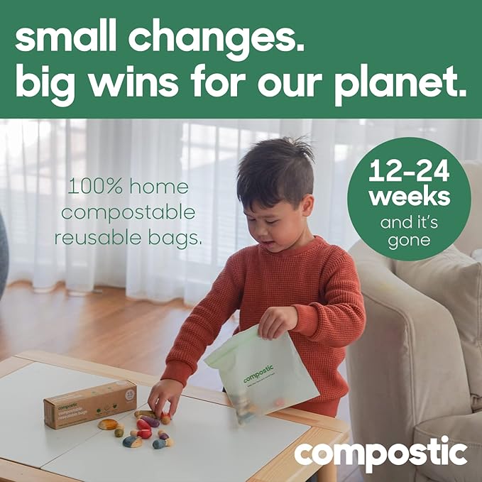 Compostic Home Compostable Resealable Sandwich Bags, Microwave & Freezer Safe, Organic Food Storage Container, 60 Count