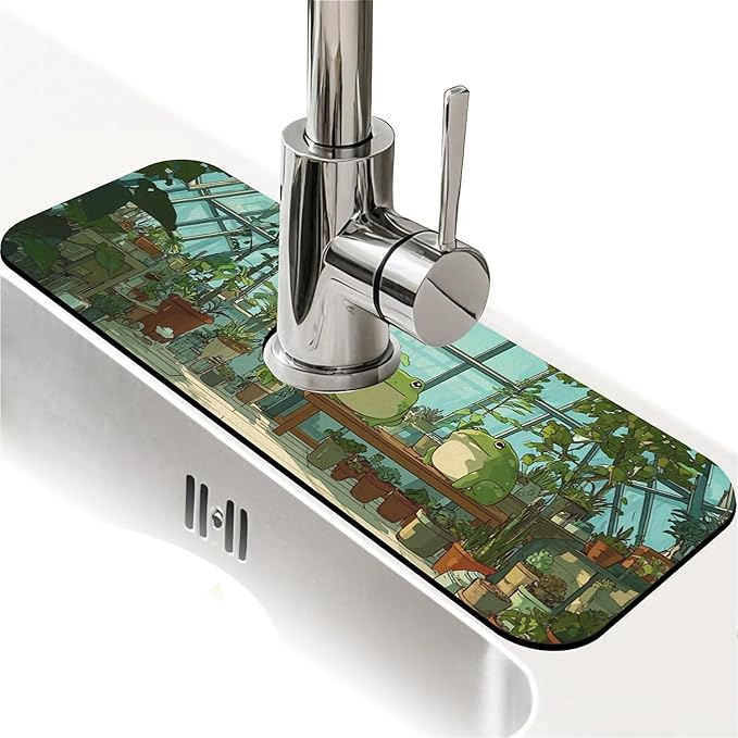 Kitchen Sink Splash Guard，cute cartoon frogs plants Faucet Mat Sink Gadgets-Super Absorbent Fast Drying Mat Drip Catcher for Kitchen, Bathroom,Sink Mat, Dish Drying Mat, Bathroom(15" X 5.5" )