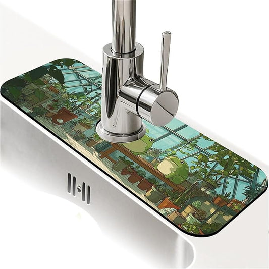 Kitchen Sink Splash Guard，cute cartoon frogs plants Faucet Mat Sink Gadgets-Super Absorbent Fast Drying Mat Drip Catcher for Kitchen, Bathroom,Sink Mat, Dish Drying Mat, Bathroom(15" X 5.5" )