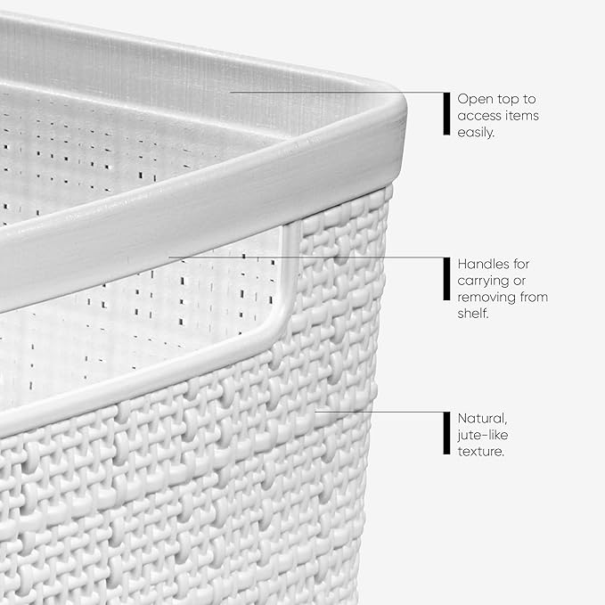 Curver Set of 4 Large Cube 17L Jute Decorative Plastic Organization and Storage Baskets - Perfect Bins for Home Office, Closet Shelves, Kitchen Pantry and All Bedroom Essentials, White