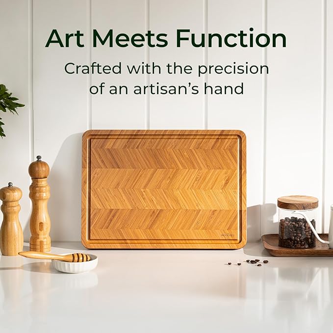 Keechee Atelier Collection Bamboo Cutting Board, Reversible Wood Chopping Boards for Kitchen with Juice Grooves, Handcrafted Large Serving Tray, Luxury Housewarming Wedding Gifts for New Home