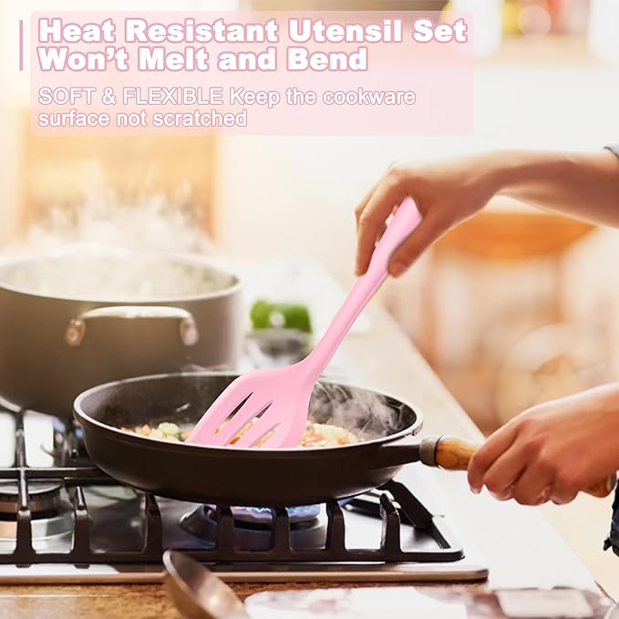 E-far Pink Silicone Cooking Utensils Set, 24Pcs Heat Resistant Kitchen Utensil with Holder, Silicone Kitchen Tools with Spatula Turner Spoon Tongs Whisk, Non-Toxic & Dishwasher Safe