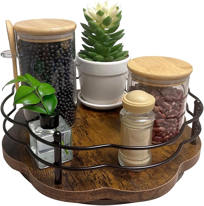 BaiWinlar Lazy Susan Turntable Organizer with Higher Metal Sides, 11" Wooden Lazy Susan Spice Rack Organization and Storage for Cabinet,Kitchen,Countertop,Table Top,Dining Table,Coffee Bar Decor