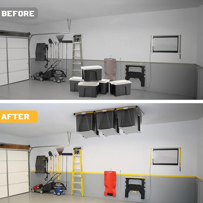 WALMANN Ceiling Tote Storage Rails, Heavy Duty Garage Ceiling Bin Storage Rack Adjustable Overhead Tote Slide Rail(4 Pack for 3 Bins, Bins Are Not Included)