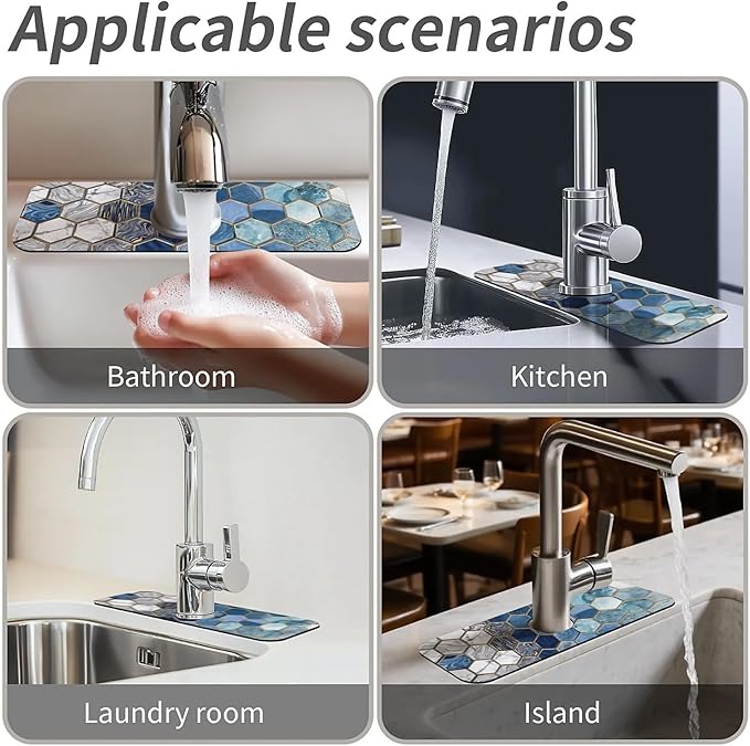 Kitchen Sink Splash Guard，Hexagonal tiles Faucet Mat Sink Gadgets-Super Absorbent Fast Drying Mat Drip Catcher for Kitchen, Bathroom,Sink Mat, Dish Drying Mat, Bathroom(15" X 5.5" )