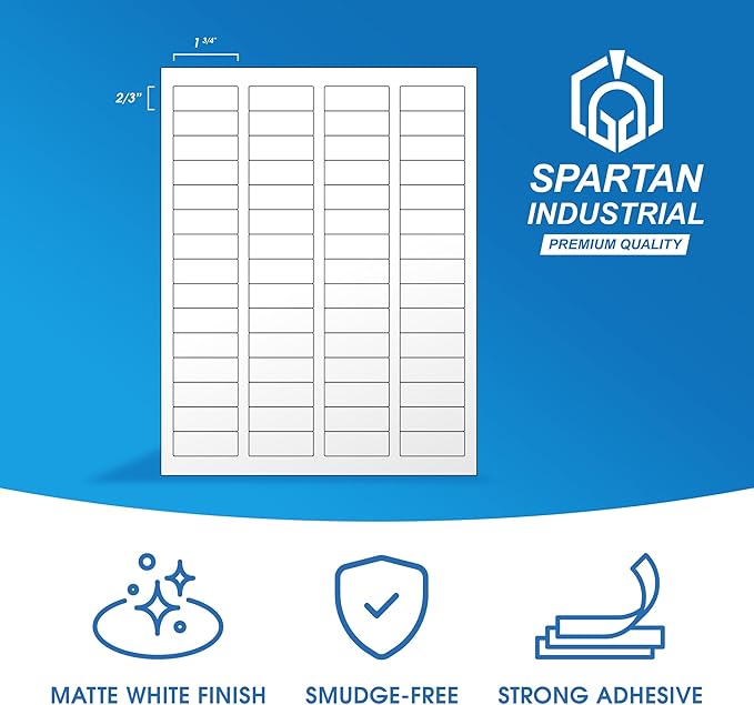 1 3/4" X 2/3" Matte White Printable Labels for Inkjet and Laser Printers - 30 Sheets, 1800 Custom Stickers for Return Address Labels, Price Tags, File Folders - Spartan Industrial Template R003